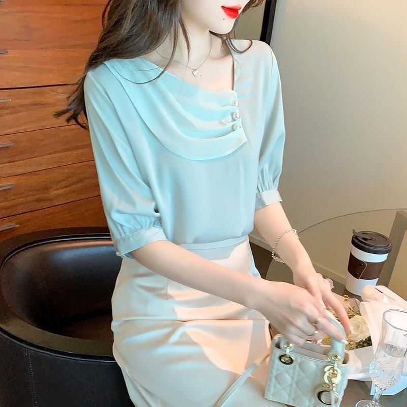 Áo chiffon thời trang hè 2022 tay ngắn dành cho nữ phong cách Pháp