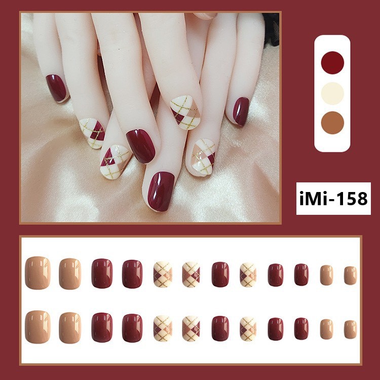 [TẶNG KEO DÁN] Set 24 móng tay giả đỏ phối nhũ 158