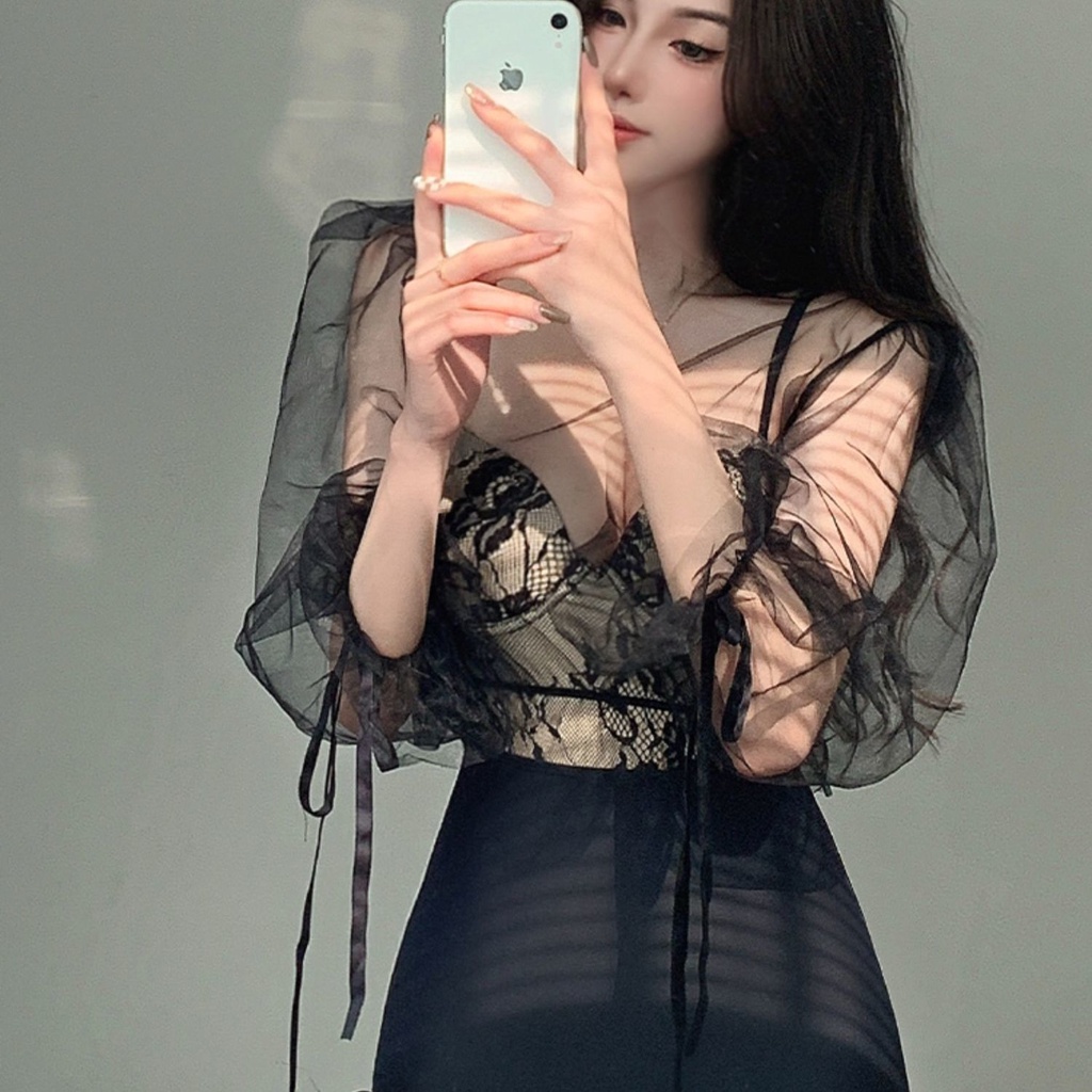 Bộ Đồ Bơi 2 Mảnh Tay Dài Lưng Cao Phối Ren Xuyên Thấu Màu Đen Thời Trang Quyến Rũ Cho Nữ