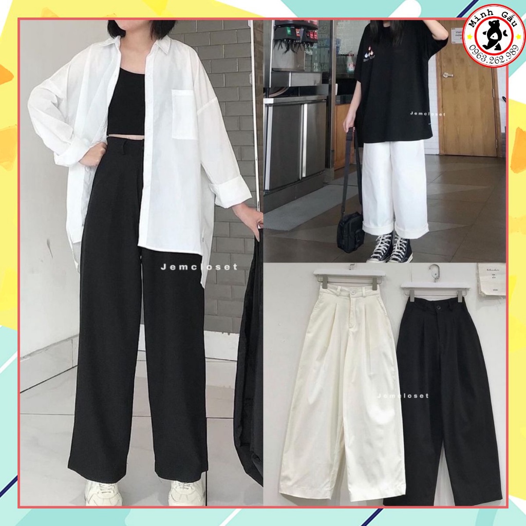 Quần ống rộng kaki 1 ly có size M, L, from quần rộng, chất kaki dầy, cạp cúc khóa cao