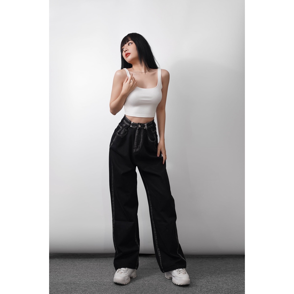 Quần jean ống suông màu đen wax line xám /Code Q0184