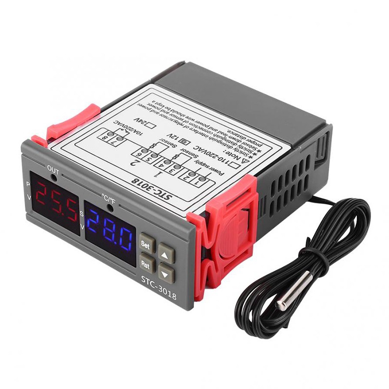 Bộ điều khiển nhiệt độ kỹ thuật số kép STC-3018 12V 24V 110-220V với cảm biến NTC
