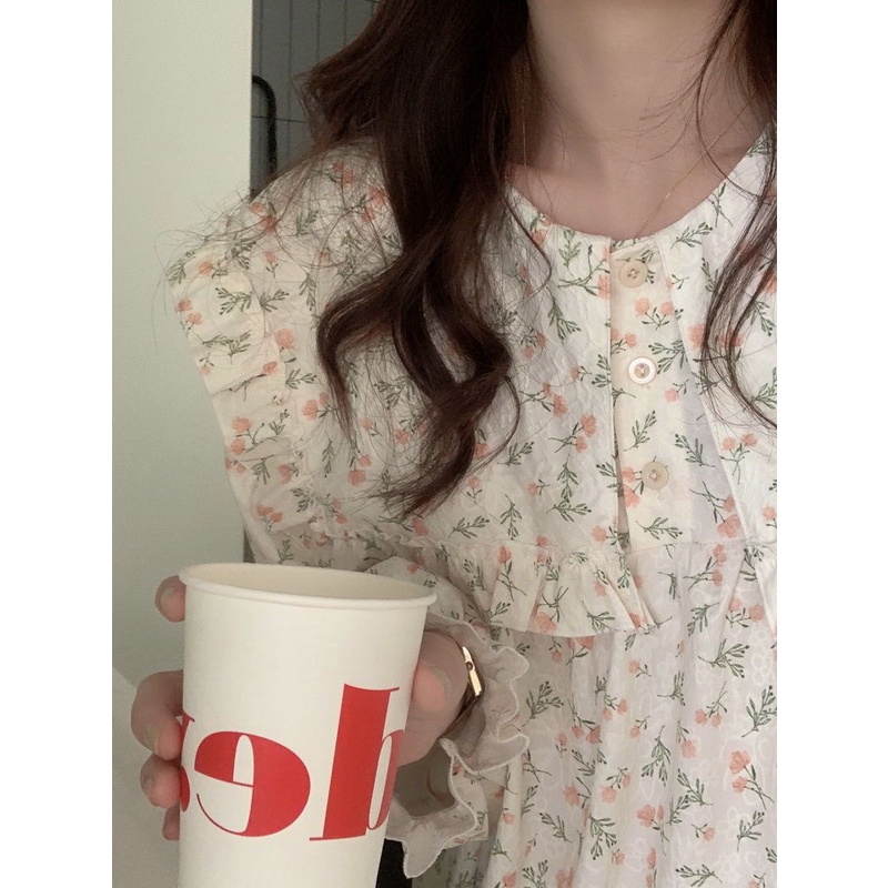 Đầm Ngủ Tay Dài Viền Bèo In Họa Tiết Hoa Hồng Ngọt Ngào Phong Cách Hàn Quốc Thời Trang Xuân Thu Mới Cho Nữ