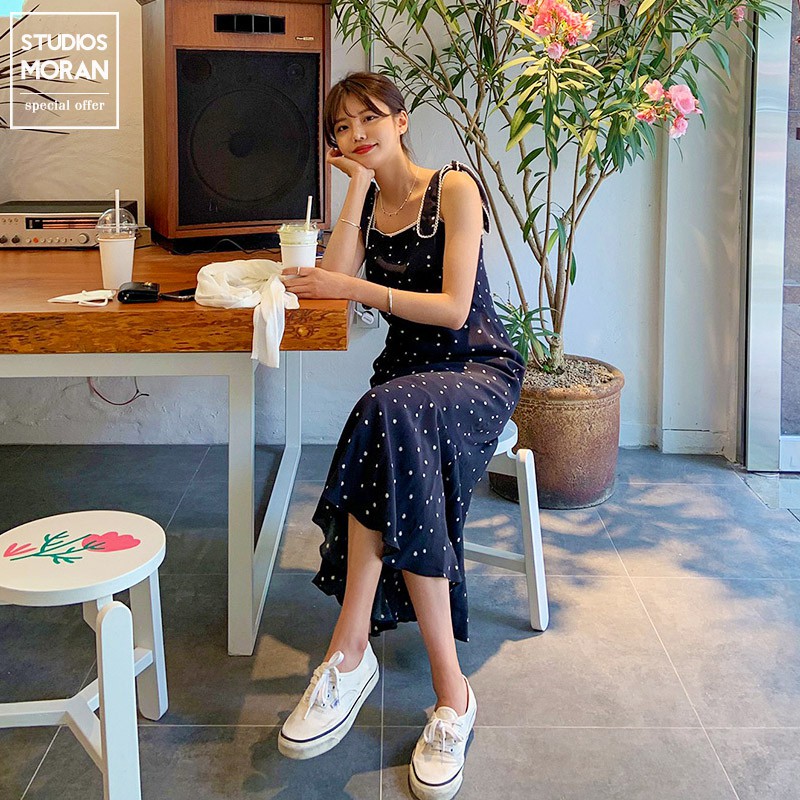 Váy hoa li ti MORAN cộc tay xòe dài thắt eo vintage đơn giản Hàn Quốc