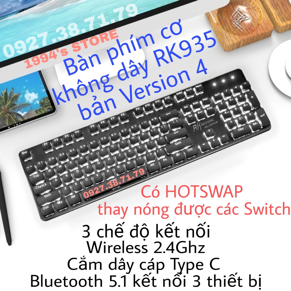 RK935 HOTSWAP - Bàn phím cơ không dây Dragon Shield bản Version 4 - Bluetooth 5.1 - Wireless - Cáp Type C - Kháng nước