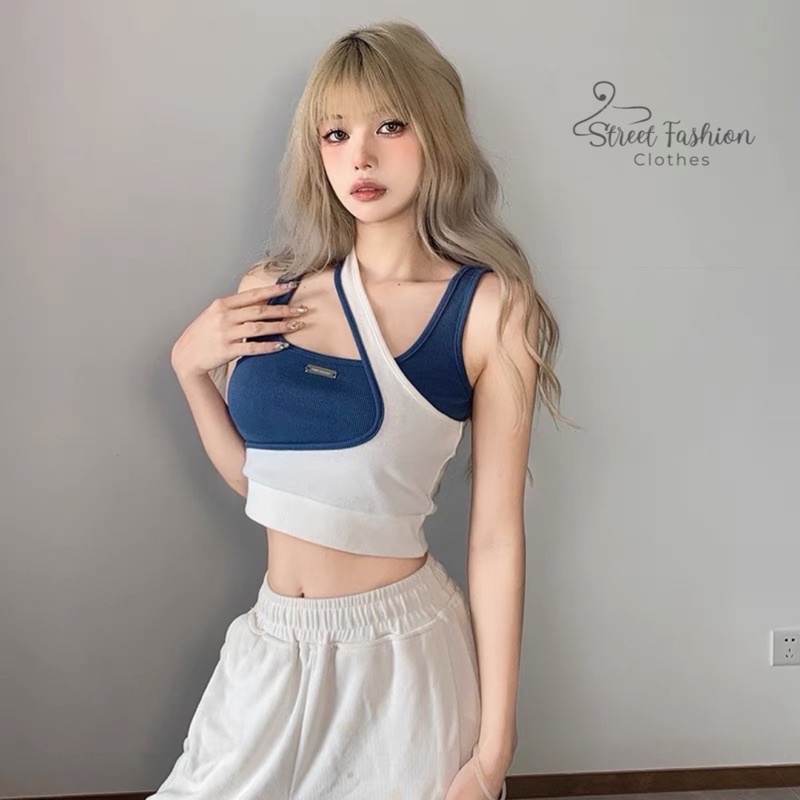 Áo ba lỗ croptop layer phối màu xanh trắng lạ mắt độc đáo