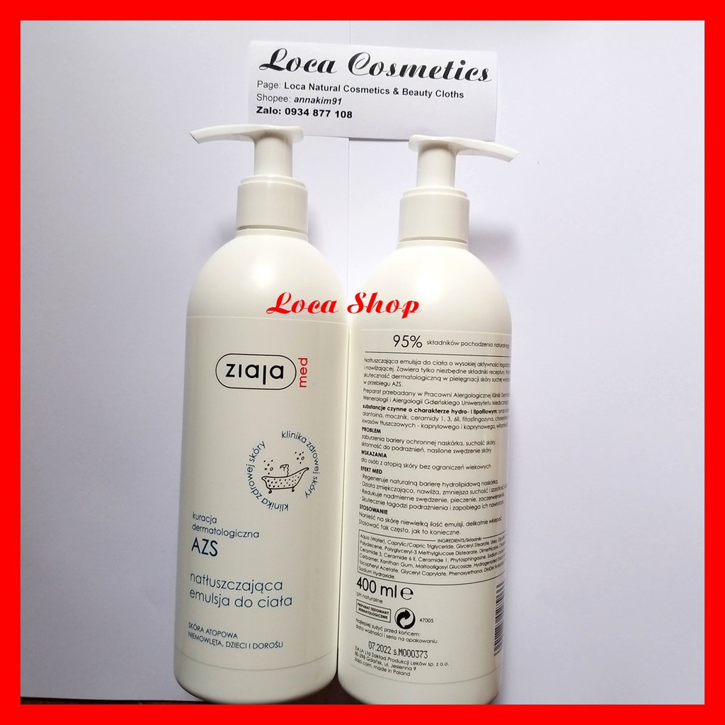 [SẴN AUTH] Nhũ tương dưỡng ẩm ZIAJA MED ATOPY AZS 400ml Ba Lan