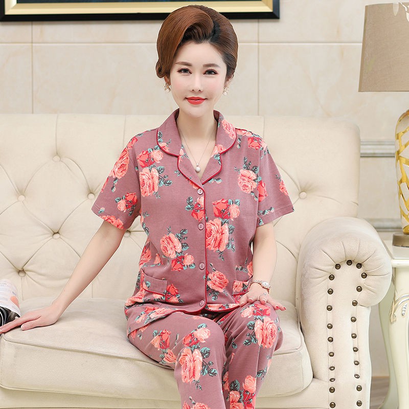 Đồ lót❐☍Đồ ngủ bà mẹ trung niên cotton quần ngắn tay mùa hè cho người và già mặc ở nhà bộ hai mảnh của phụ nữ <