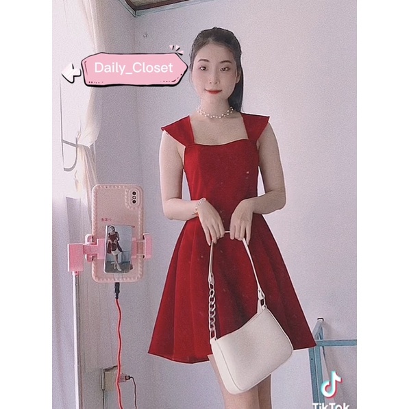 ĐẦM NỮ DÁNG XÒE MÀU ĐỎ CÁNH TIÊN HỞ LƯNG FREESHIP ĐẦM NHUNG DỰ TIỆC SANG CHẢNH 2 DÂY | BigBuy360 - bigbuy360.vn