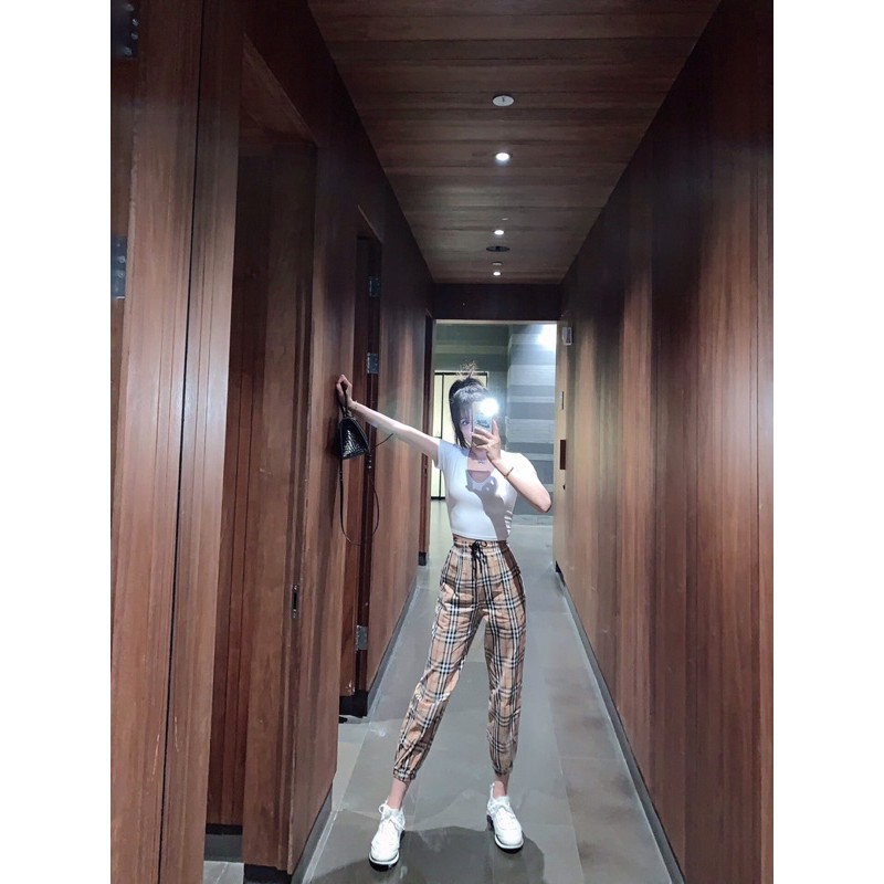 Quần thể thao Burberry BBR hàng cao cấp thiết kế bo ống cạp chun dây rút siêu tôn dáng