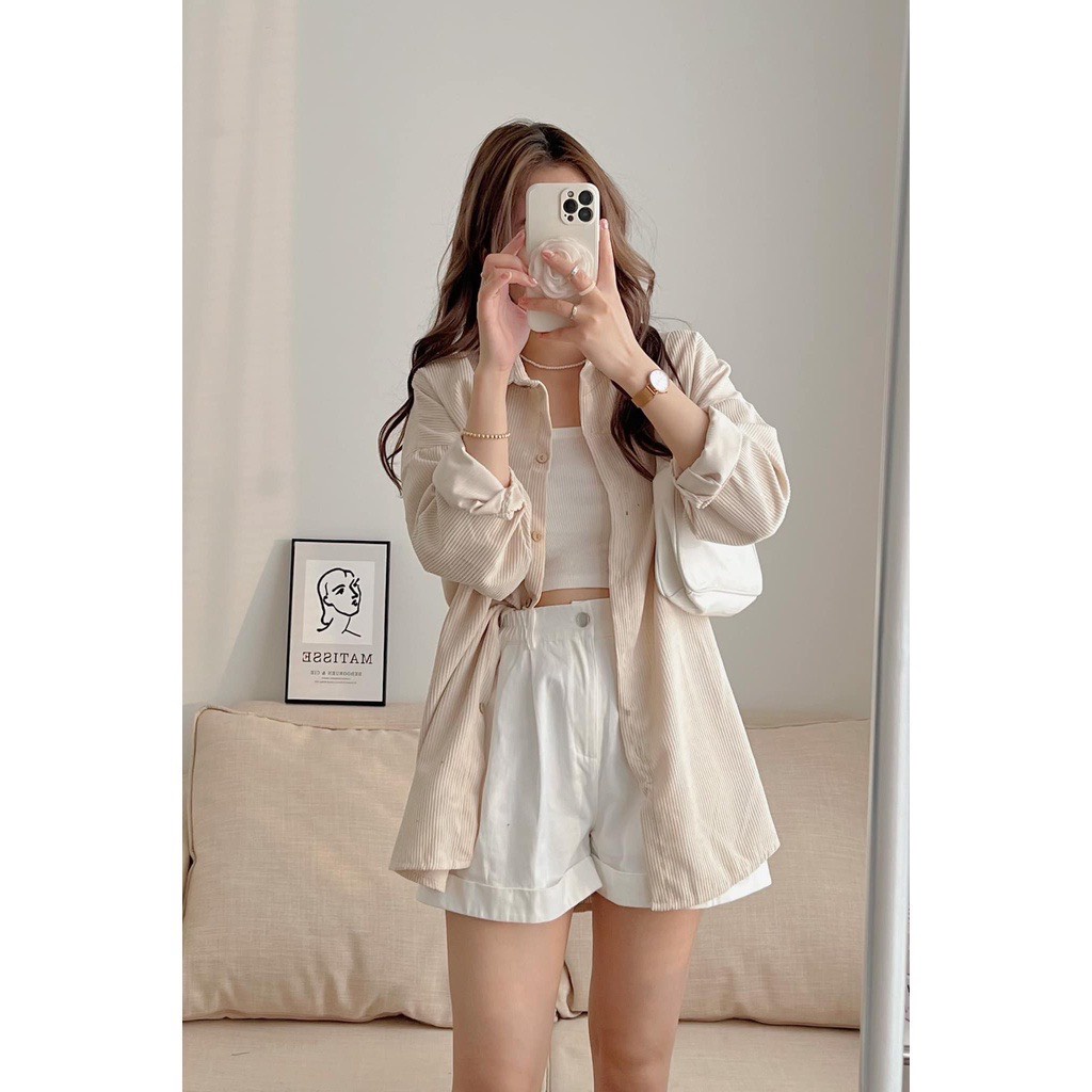 Áo Sơ Mi Nhung Tăm CELINA BOUTIQUE  Áo nhung form rộng tay bồng kiểu dáng học sinh ulzzang