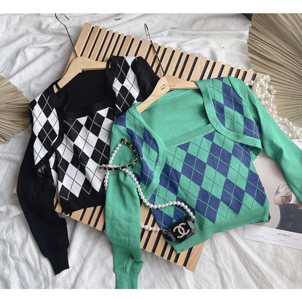 Set Áo Len, Áo 2 Dây Nữ Kèm Áo Khoác Len Crop Họa Tiết Ô Trám, Chất Len Cao Cấp Thời Trang Thu Đông (Kèm ảnh thật). | BigBuy360 - bigbuy360.vn