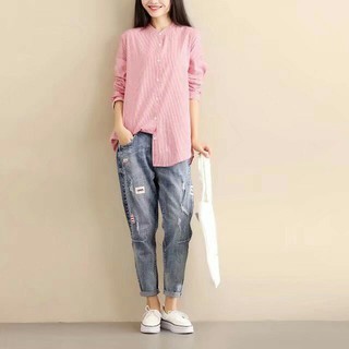 Áo Sơ Mi Cổ Trụ Dài Tay Màu Hồng Và Xanh