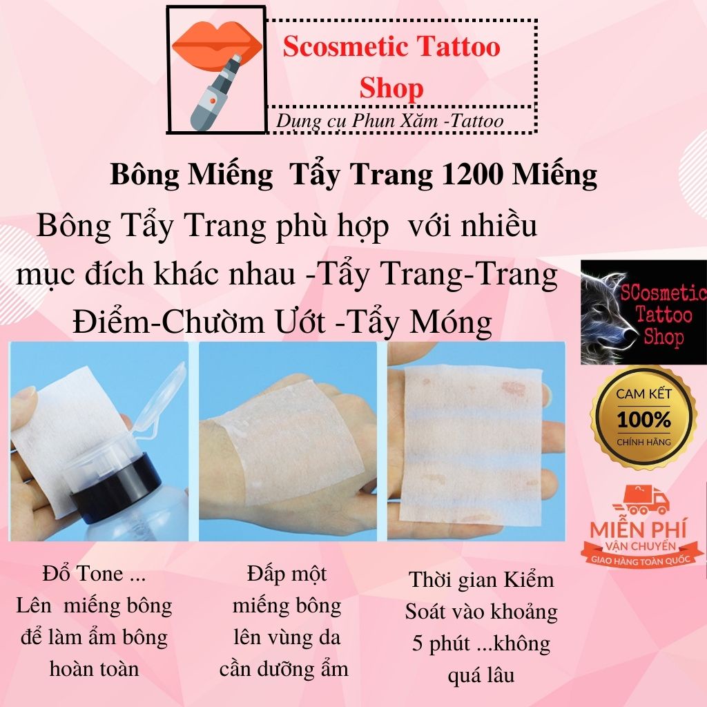 Bông cắt miêng phun xăm,miếng bông lau tẩy trang KT6x7cm,1200Miếng