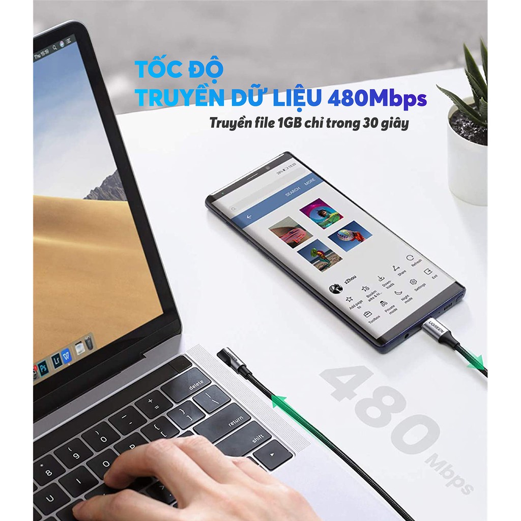 Cáp sạc và truyền dữ liệu 2 cổng USB-C 90 độ PD 60W dòng 3A 0.5-2m UGREEN US255