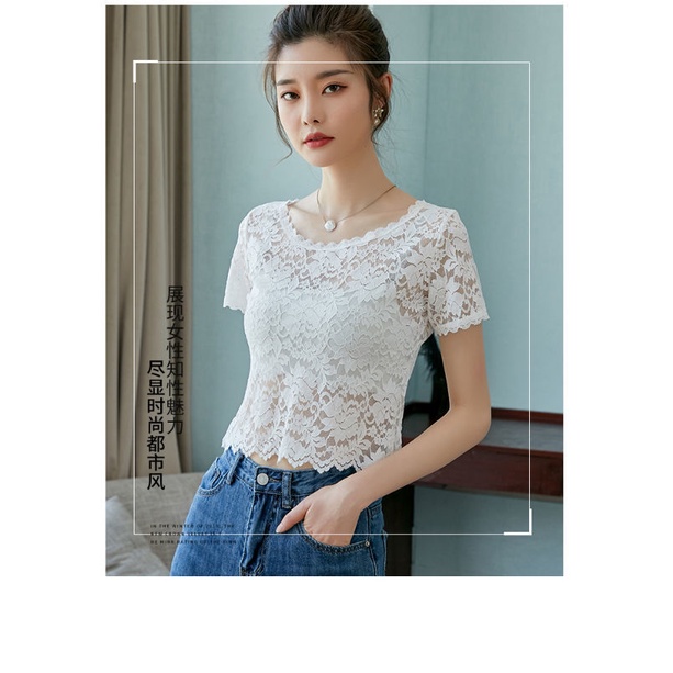 Áo Thun Tay Ngắn Phối Ren Lưới Thời Trang Mùa Hè Cho Nữ