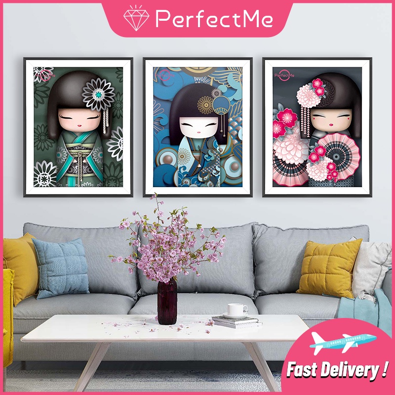 Bộ dụng cụ làm tranh đính đá họa tiết búp bê Nhật Bản 5d độc đáo treo tường trang trí nội thất diy 30x40cm