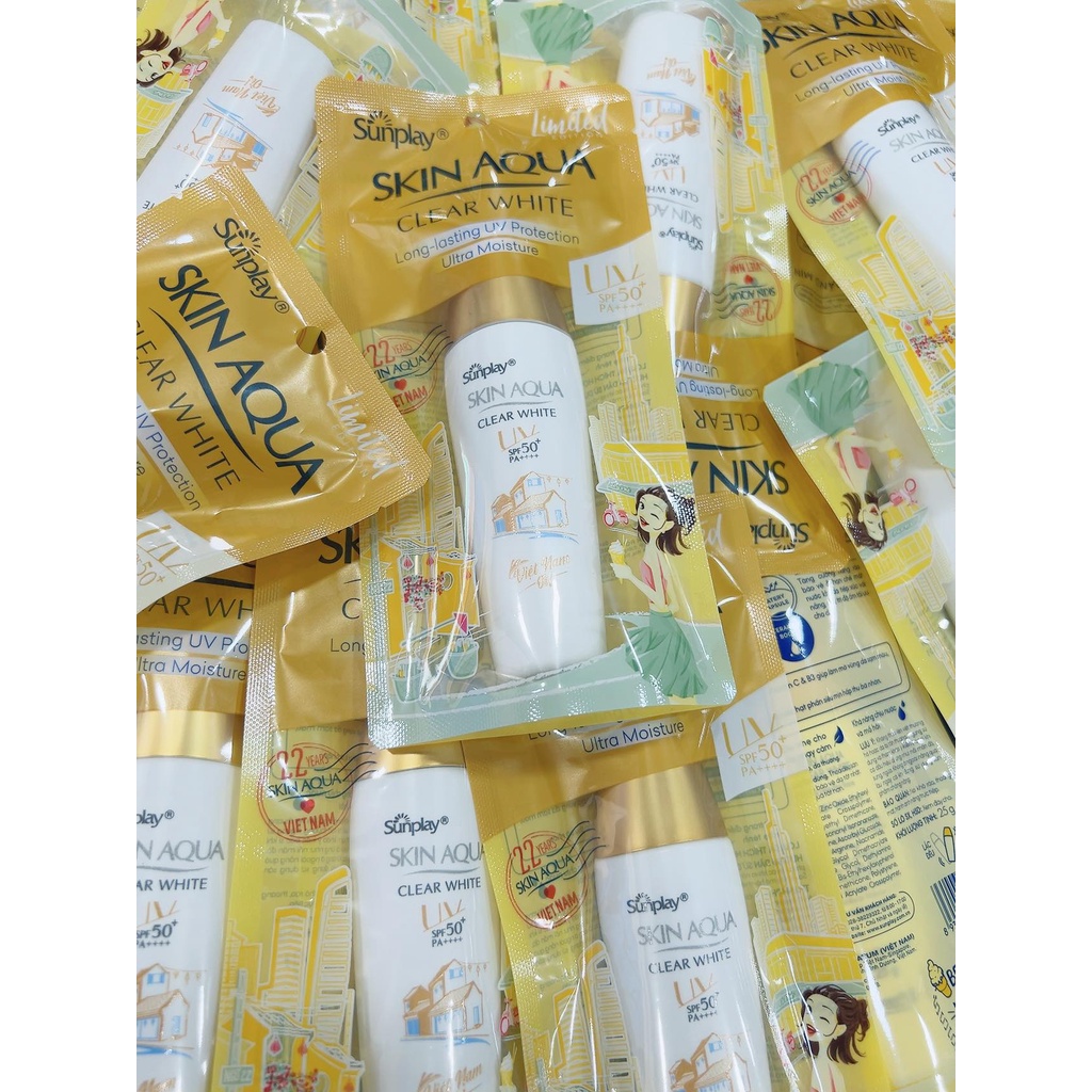Kem chống nắng Skin Aqua nắp vàng Sunplay Clear White SPF50+ PA++++ 25g, 55g kiểm soát nhờn và dưỡng da sáng mịn