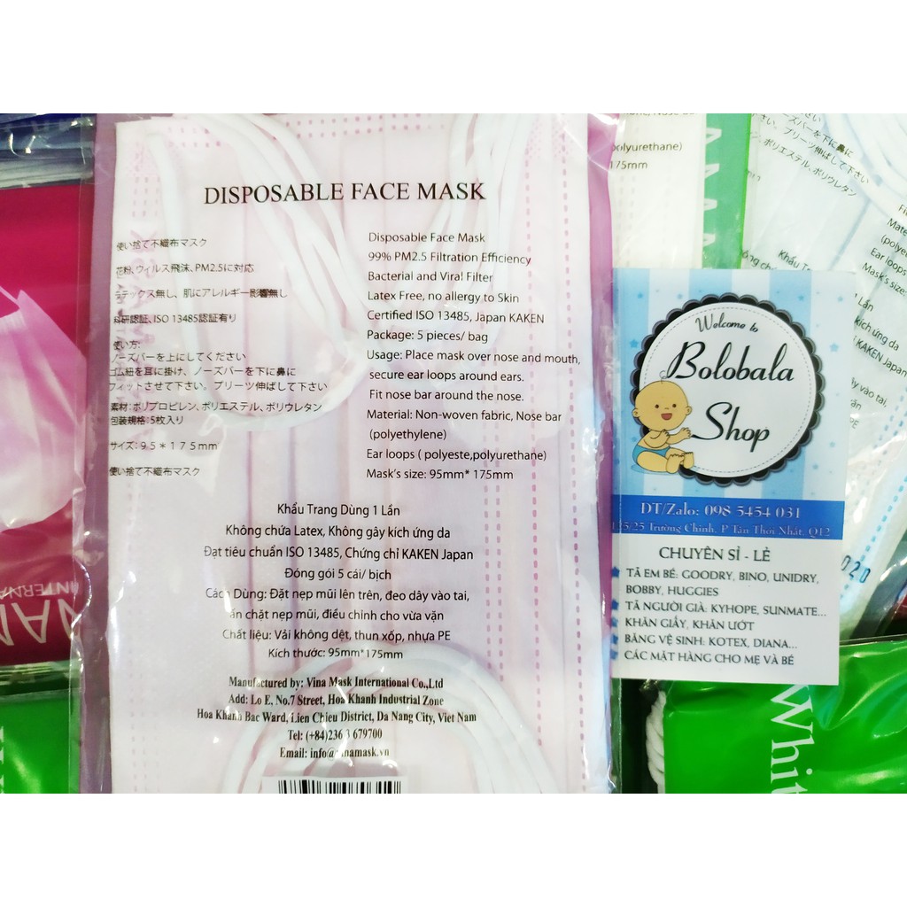 Set 5 khẩu trang y tế Nhật Bản Vina Mask 3 màu trắng, hồng, xanh