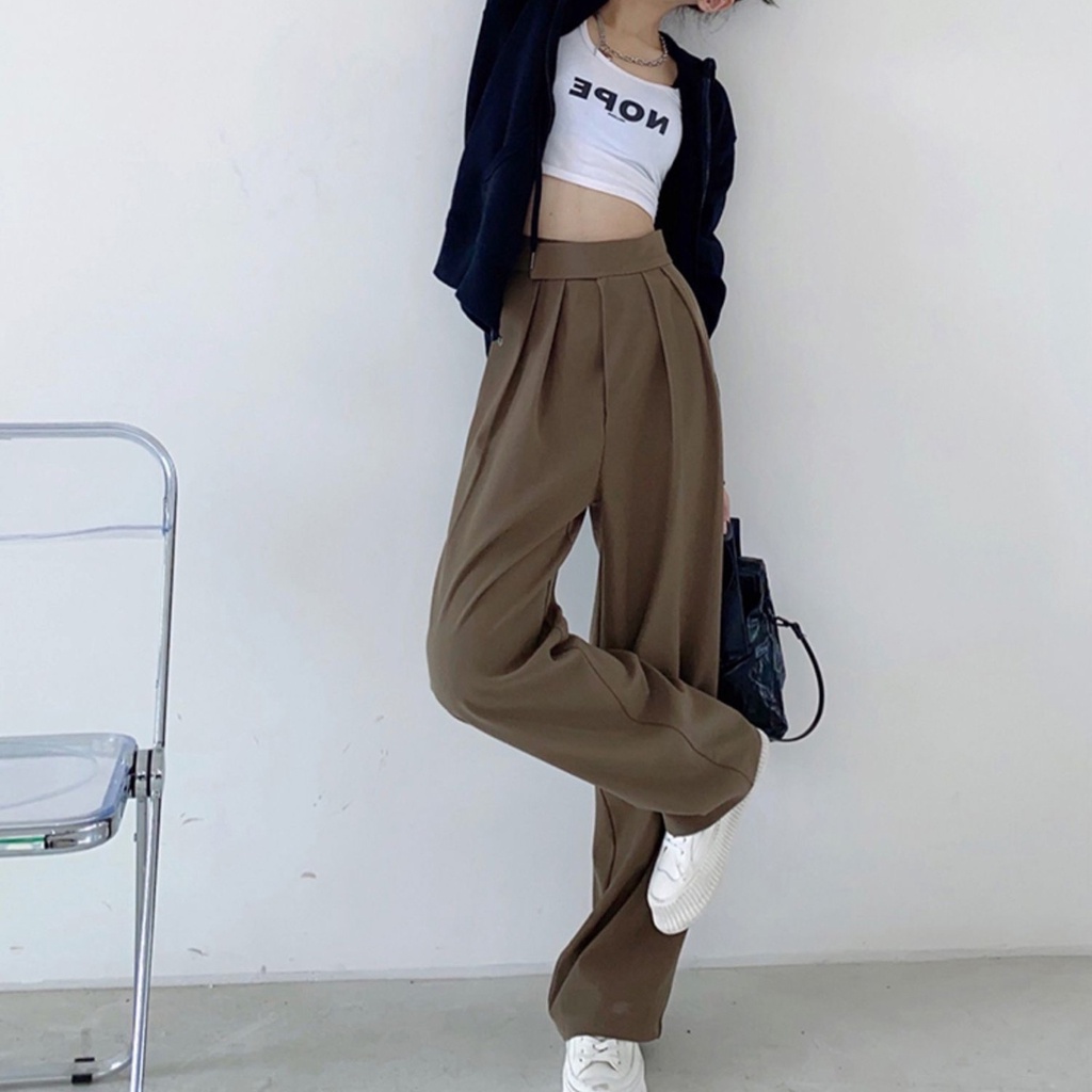 Quần dài SUXI lưng cao ống rộng màu đơn giản cho nữ