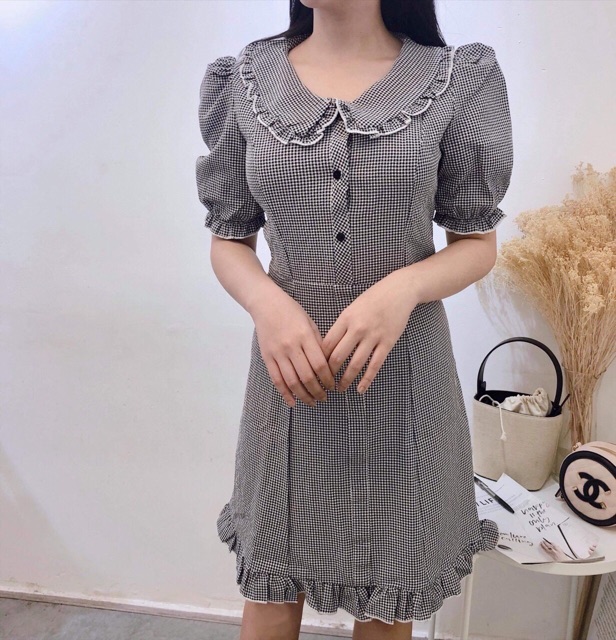 Đầm váy caro cuốn biên trắng 2 màu
