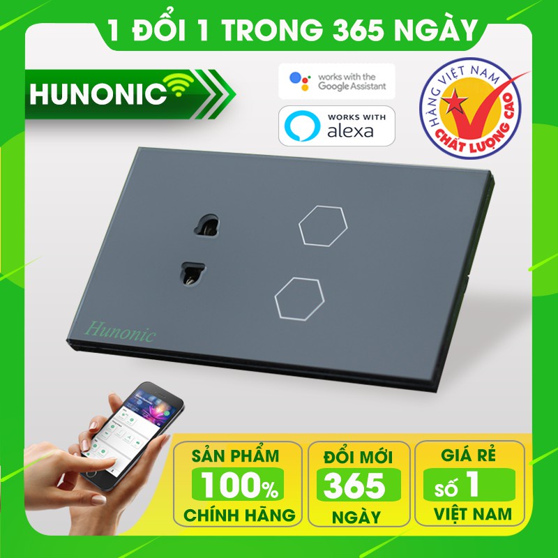 Công Tắc Thông Wifi Hunonic 2 Nút Kèm ổ Cấm, Điều Khiển Từ Xa Qua Điện Thoại