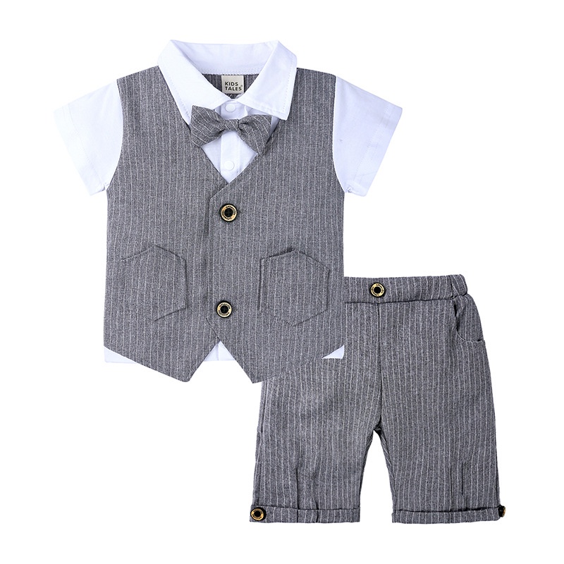 Áo Sơ Mi Ngắn Tay Giả Vest + Quần Short Thắt Nơ Phong Cách Anh Quốc Mới Cho Bé Trai