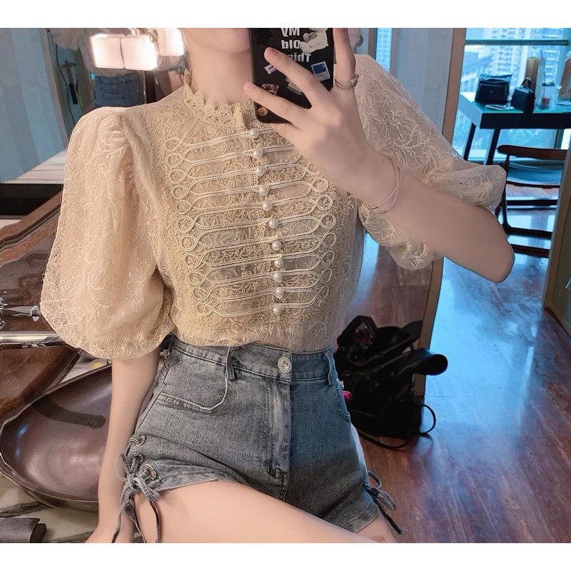 SET Áo Voan Phối Lưới Cổ Trụ Tay Bồng Sang Chảnh + Quần Short Jeans