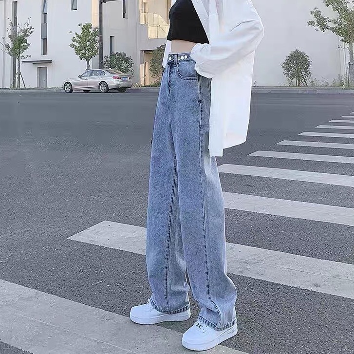 Quần jeans siêu dài cạp cao, quần jean ống rộng hai màu xanh đậm, xanh nhạt_j1