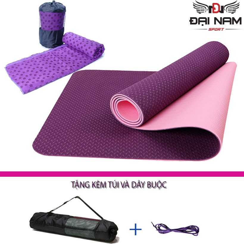 Combo Thảm Tập Yoga TPE 6mm 2 Lớp + Khăn Trải Thảm Chống Thấm,Chống Trơn Trượt Đại Nam Sport