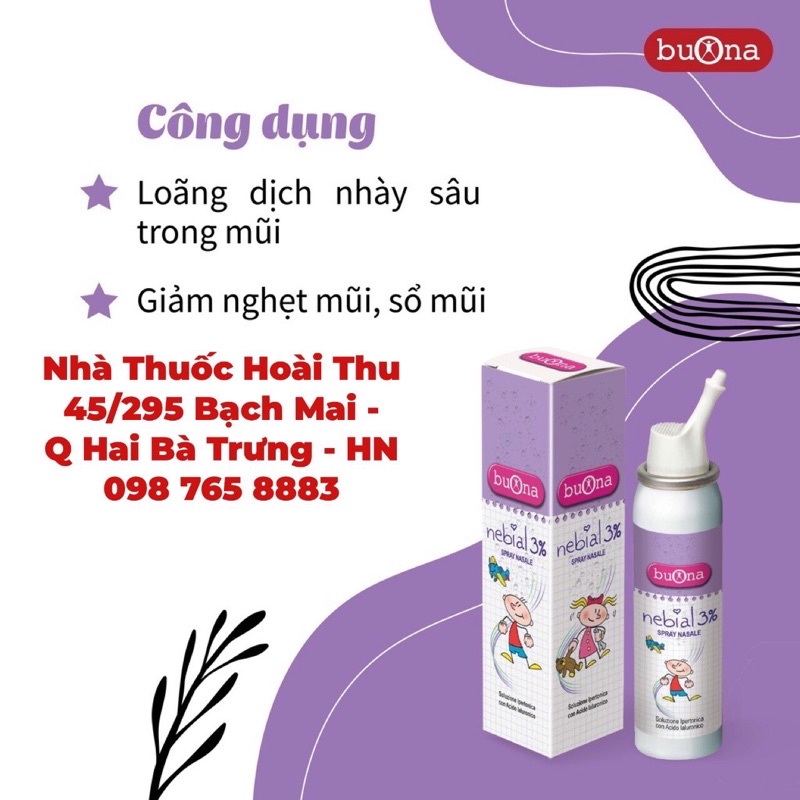 Xịt Rửa Mũi Buona Nebial 3% Spray- Lọ 100 ml ,Sổ mũi, nghẹt mũi do các bệnh về hô hấp