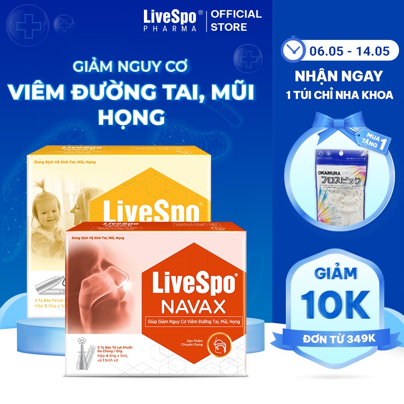 Combo Hộp nước muối sinh lý bào tử lợi khuẩn LiveSpo Navax Kids 5 ống x 5ml và Hộp Livespo Navax chuyên dụng 4 ống x 5ml