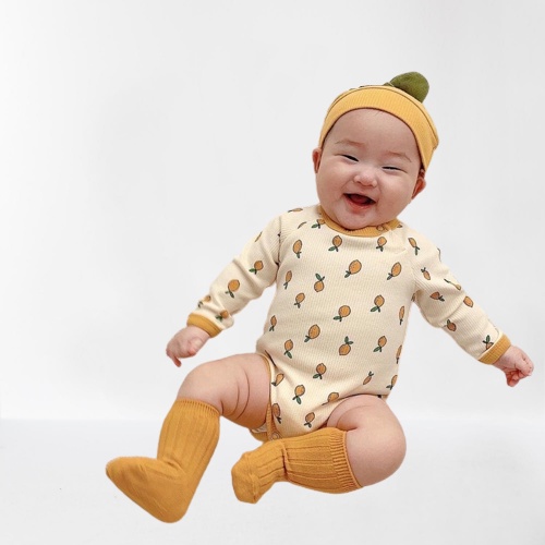 [CHANH] Set body chip tay dài tặng kèm mũ cực xinh in hình chanh vàng chất vải tăm lạnh mềm mát cho bé sơ sinh (4-8kg)