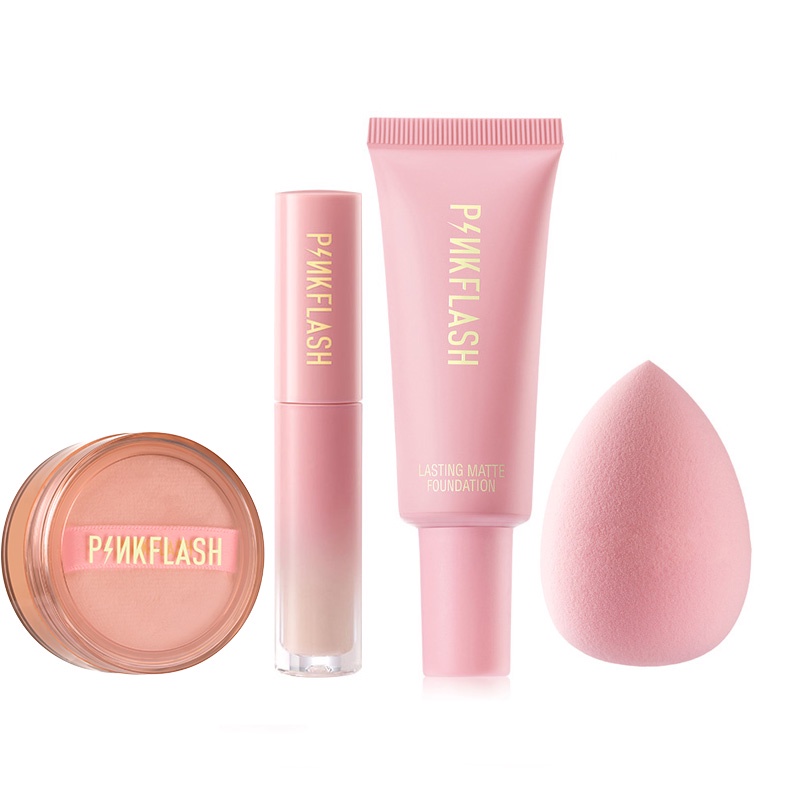 Set kem nền kem che khuyết điểm/phấn phủ và mút trang điểm PINKFLASH kiềm dầu chống thấm nước lâu trôi cho mùa hè