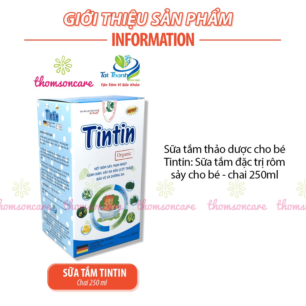 Sữa tắm gội cho bé Tintin chai 200ml có vòi 2 trong 1 thảo dược, cho trẻ từ sơ sinh, giảm rôm sảy, mẩn ngứa, hăm da