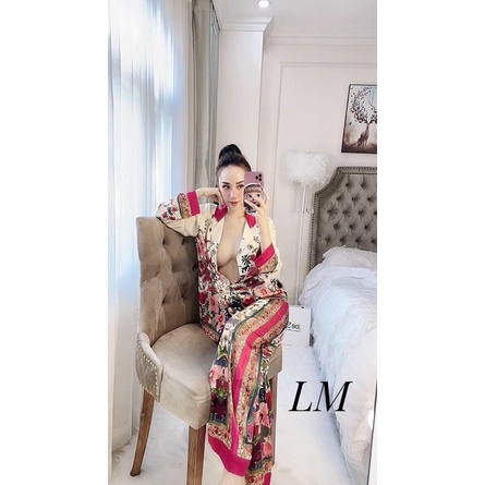 (Hình thật) Set Đồ bộ Pijama - Bộ lụa latin mặc nhà tay dài hoa đỏ latin cao cấp