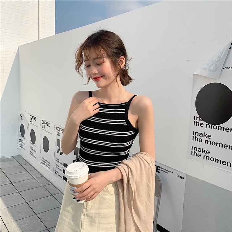 Áo yếm hai dây chất len tăm sọc ngang phong cách cho nữ