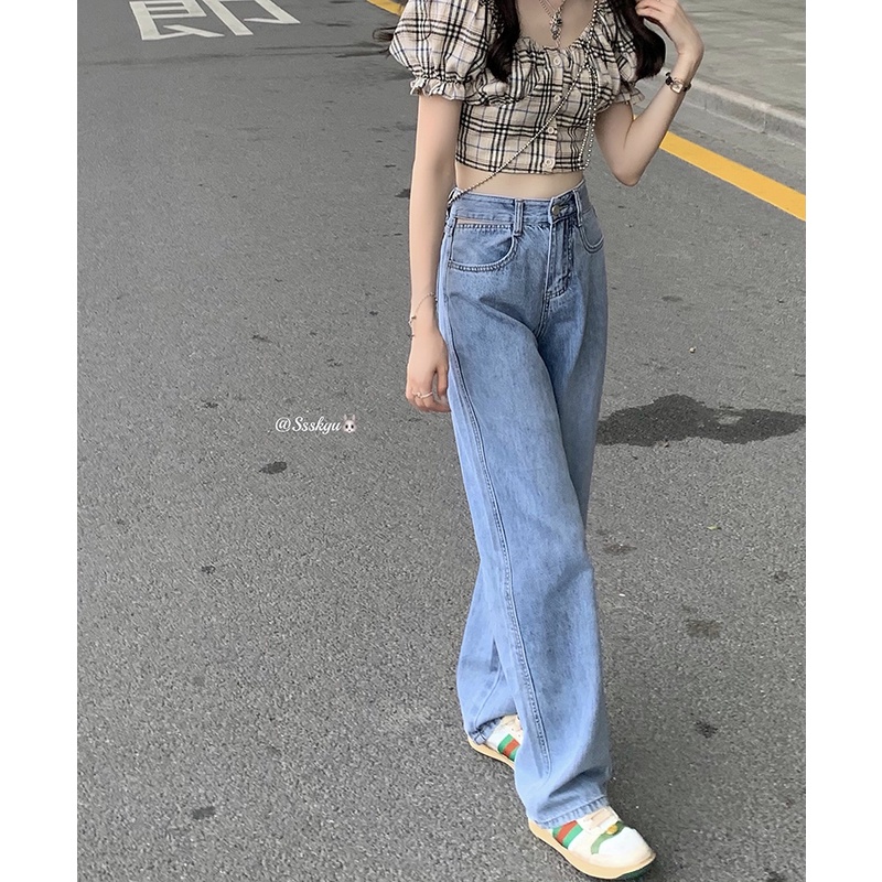 Xiaozhainv Quần jean ống rộng eo cao phong cách trẻ trung cho nữ