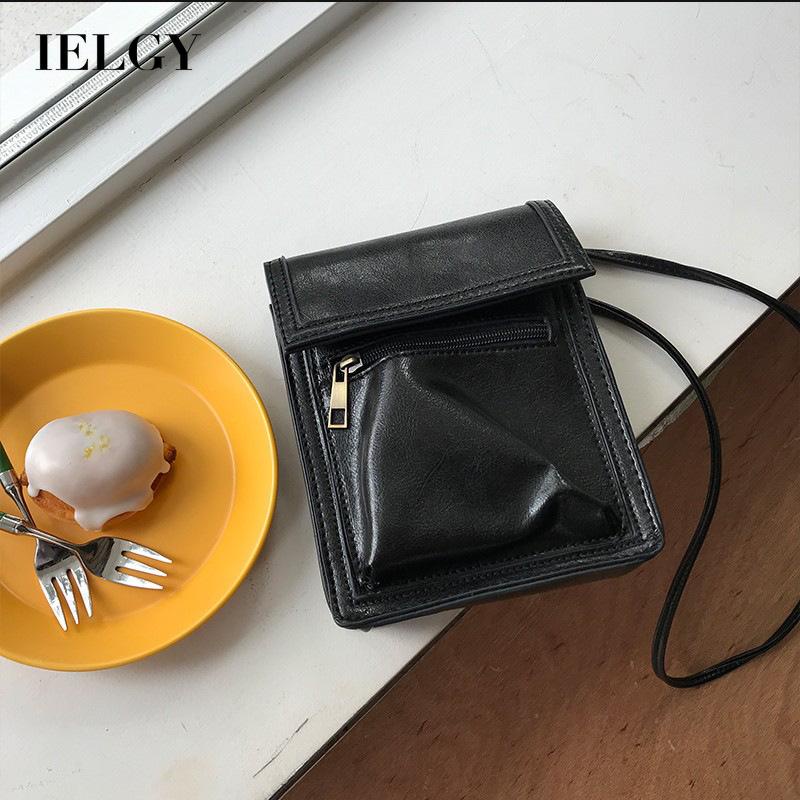 Túi xách IELGY đeo chéo vai hình vuông nắp lật bằng da PU màu đen kiểu Nhật Hàn cho nữ