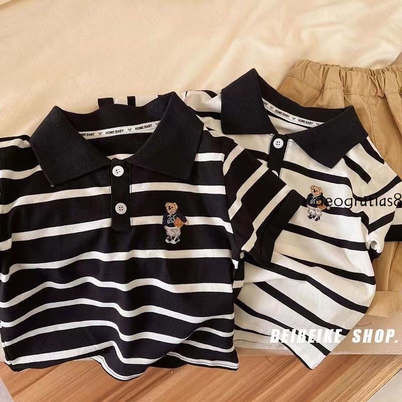 Áo Thun Cotton Tay Ngắn Cổ Bẻ Kẻ Sọc Ngang Phong Cách Mới Dành Cho Bé Trai 2022