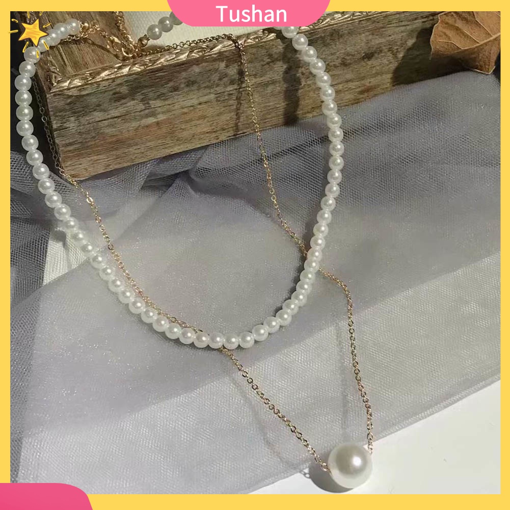TUSH Women Girl Double Layer Faux Pearl Pendant Clavicle Chain Necklace Party Jewelry