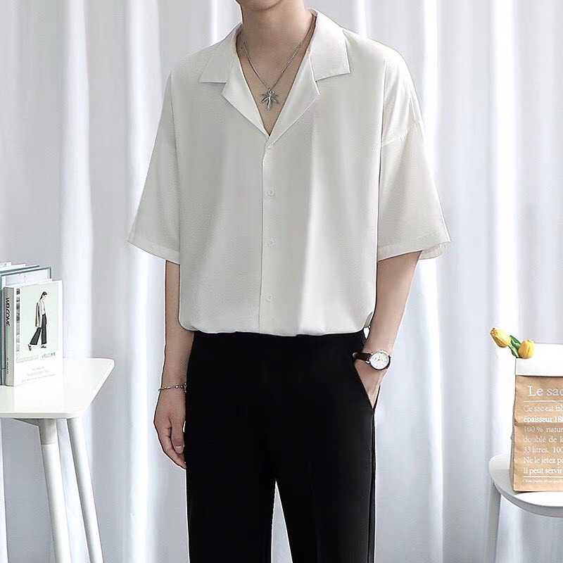 [Hàng VNXK-Ảnh thật] Áo sơ mi ngắn tay nam nữ cổ vest form rộng vải cotton lụa trơn mát đang hot bán chạy hiện nay