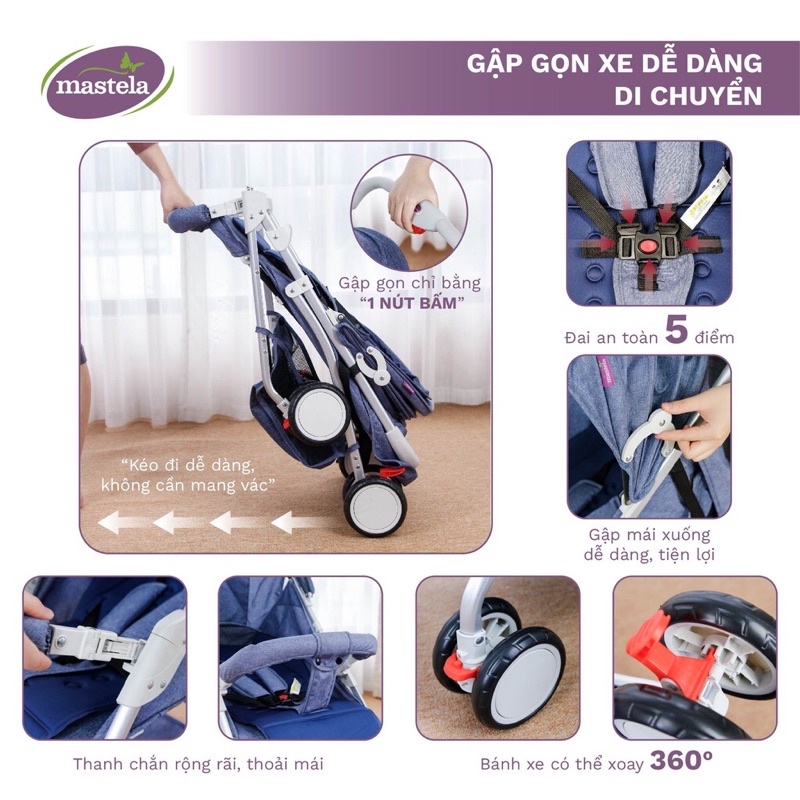 Xe đẩy Mastela A2 cho bé du lịch - cao cấp siêu nhẹ, dễ dàng gấp gọn, bảo hành 12 tháng chính hãng