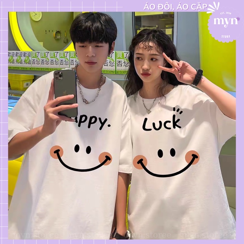 Áo Thun Tay Lỡ Nam Nữ In Chữ Luck - Happy , Áo Đôi Phông Form Rộng Unisex