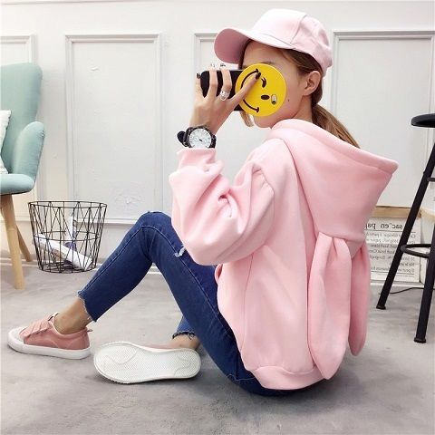 Áo Hoodie Dài Tay Dáng Rộng Phối Tai Thỏ Đáng Yêu Theo Phong Cách Nhật Bản