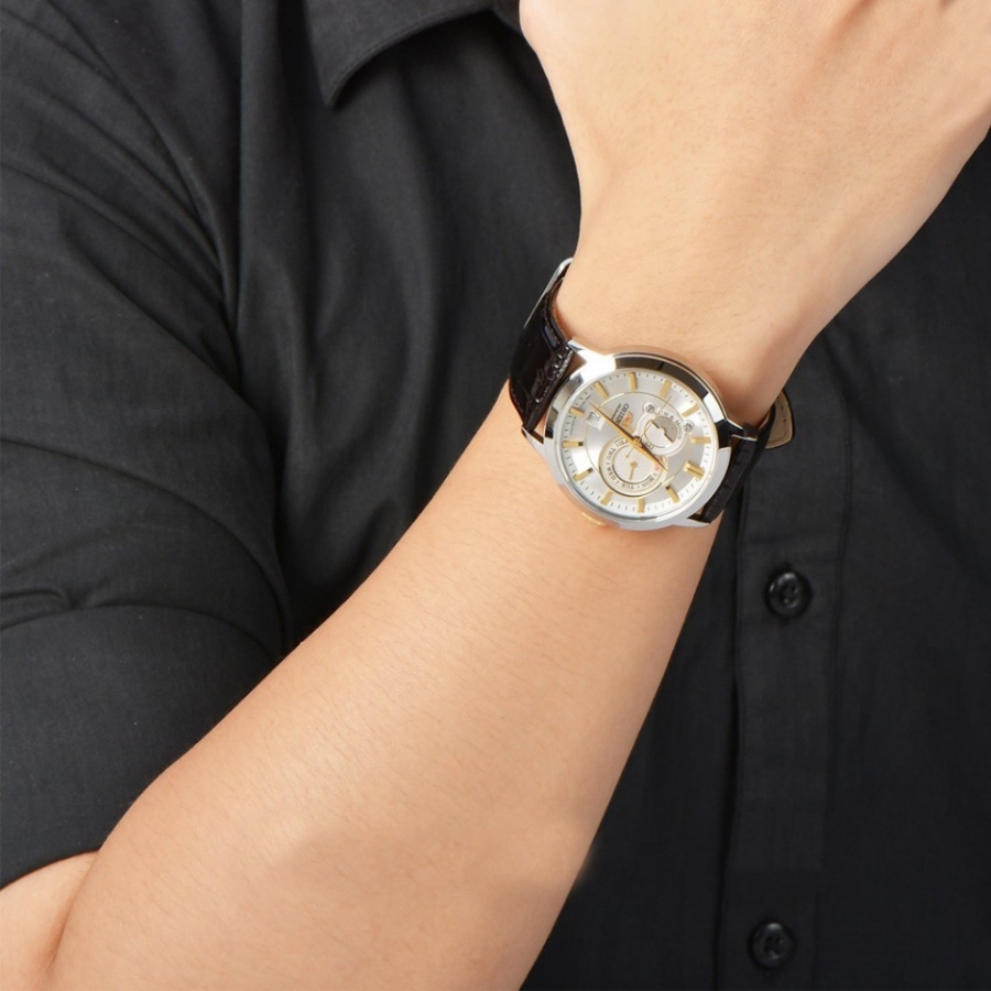 Đồng hồ cơ nam Orient FET0P004W0 Sun and Moon, mặt kính Sapphire chống xước, chống nước 3 ATM, dây da cao cấp chính hãng