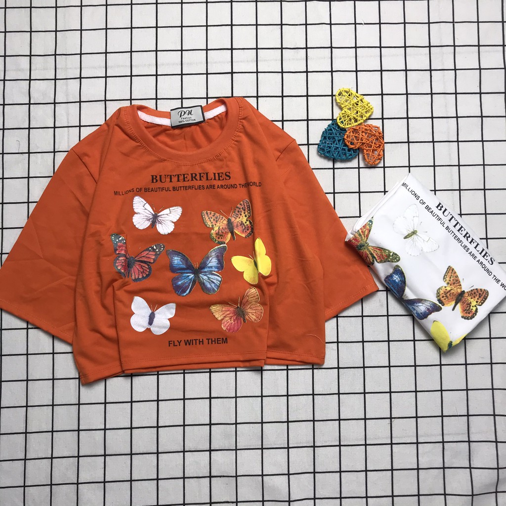 Áo Croptop Nữ Tay Lỡ In Hình Nhiều Bướm Lapi VN Phong Cách Ulzzang Freesize Phom Rộng, Áo Thun Unisex