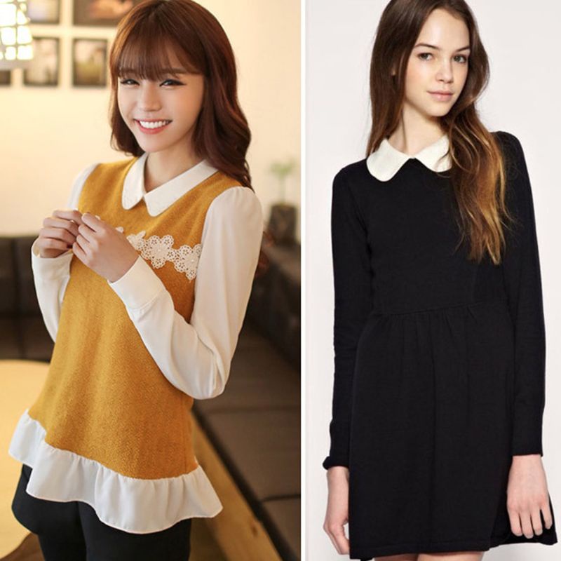 Áo Sơ Mi Cotton Cổ Búp Bê Màu Trắng Đen Phong Cách Vintage Cho Nữ