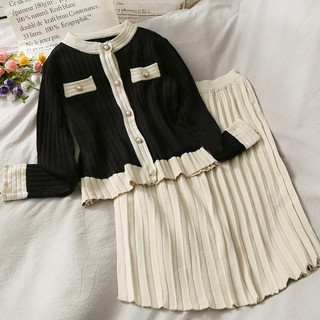 Set áo khoác len cổ tròn cúc ngọc và chân váy len xếp dáng dài vintage[Ảnh thật 6-9]