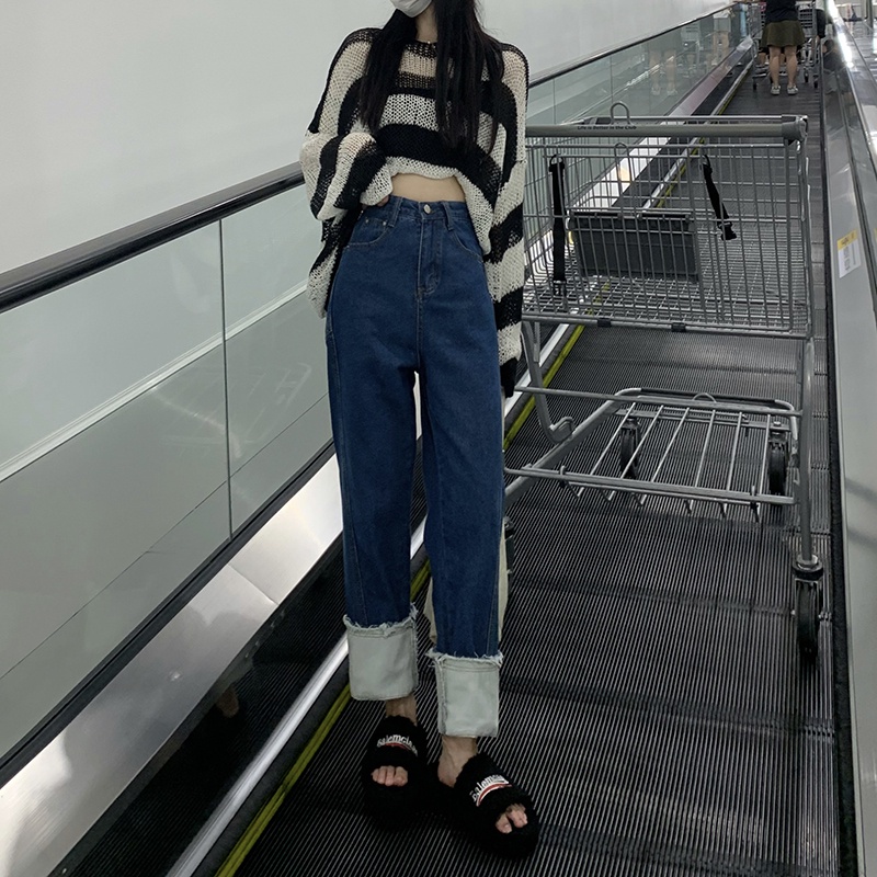 Quần jeans nữ lưng cao ống rộng màu tương phản năng động sành điệu